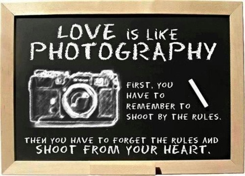 Love is like photography,first, you have to remember to shoot by the rules.  Then you have to forget the rules and shoot from your heart