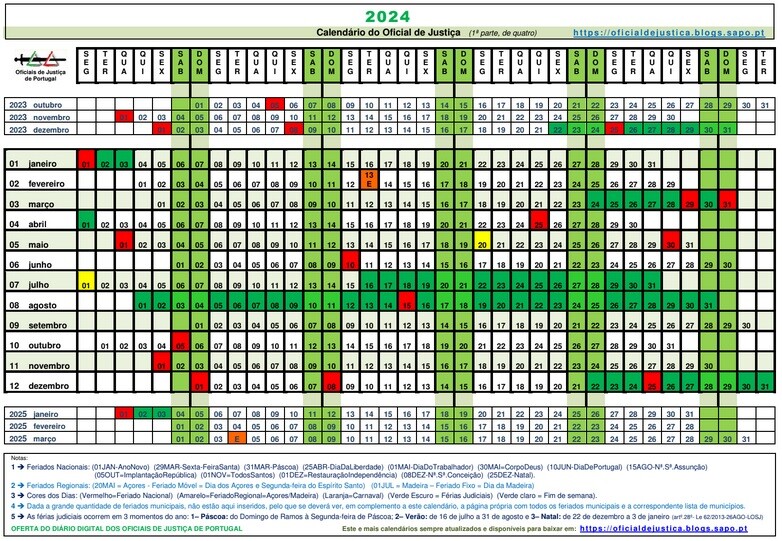 Calendário do Oficial de Justiça para 2024 Oficial de Justiça