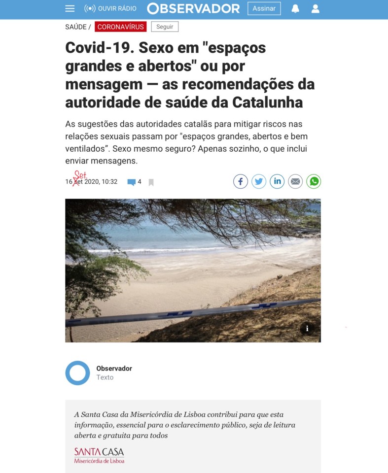 Sexo com o corno-vírus e contributo da Santa Casa, in Observador, 16/IX/20