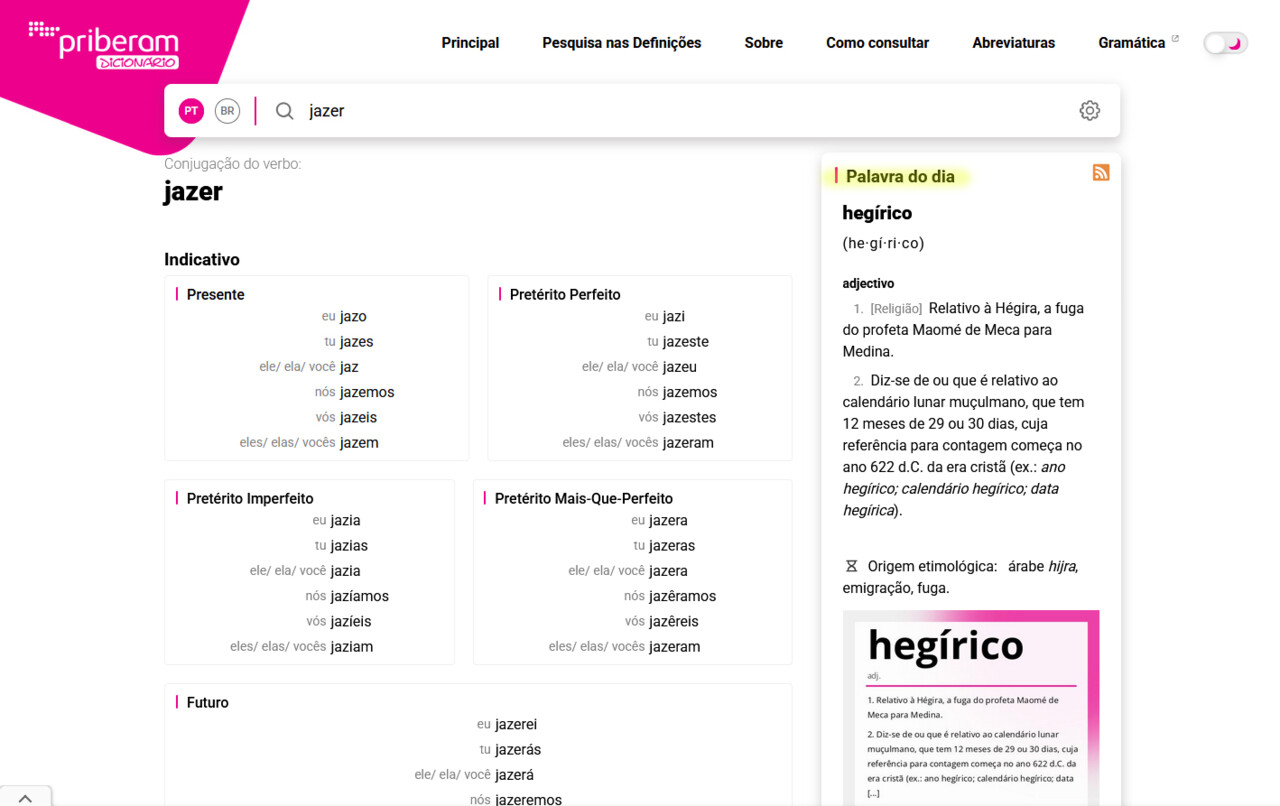 «Hegírico» (palavra do dia) vs. «Jazer» (conjugação do verbo), in Priberam, 10/VI/2025